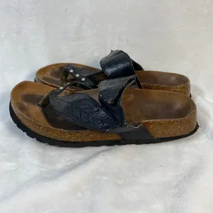 Betula Birkenstock Thong Sandals Black Leather‎ Pearls Size 38 W7-flaw thumbnail 7