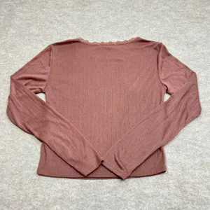 Pink Rose Womens Mauve Pointelle Knit Long Sleeve Lace Trim Top Sz M Coquette‎ thumbnail 3