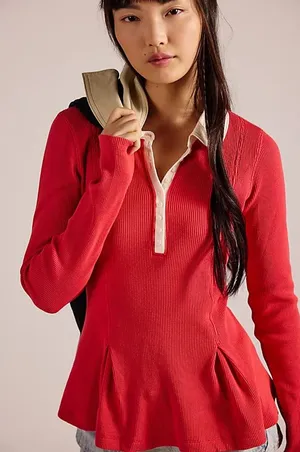 NWOT Free People Gracie Long Sleeve Top Waffle Knit thumbnail 1