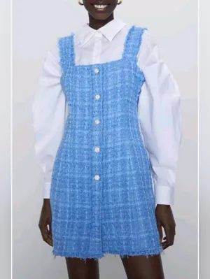 New Zara Sky Blue Tweed Dress With Crystal Buttons Size S thumbnail 2