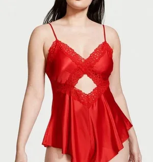 NWOT Victoria’s Secret satin red spaghetti strap lace trim cut out teddy romper thumbnail 1