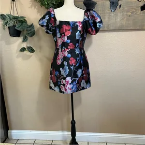 Lulus So Stunning Black Multi Floral Jacquard Puff Sleeve Mini Dress thumbnail 11