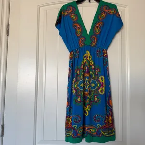 Vibrant Boho Paisley Mini Dress 🌈 Deep V Neck Festival Summer Dress | Blue & Green Statement Piece | Size S (Forever 21) ✨ thumbnail 2