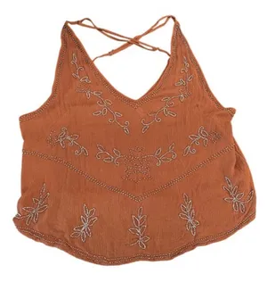 Free People Fall Rust Orange Brown Embroidered V-Neck Spaghetti Strap Cami Top M thumbnail 1