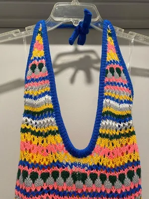 NWT THANNE Multicolor Striped Crochet Knit Unlined Halter Tie Mini Dress thumbnail 8