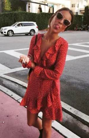 Realisation Par • The Alexandra wrap silk mini dress Red Star print ruffled thumbnail 11
