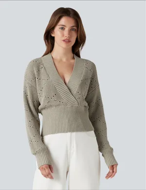 Halara v-neck long sleeve hollow out work sweater thumbnail 1