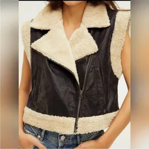Free‎ People We The Free Clover Teddy Vegan Leather Shearling Vest Black Cream L thumbnail 3