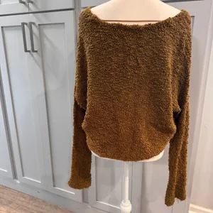 Free People Brown Popcorn Knit Cropped V-Neck Slouchy Sweater Small Oversized thumbnail 3