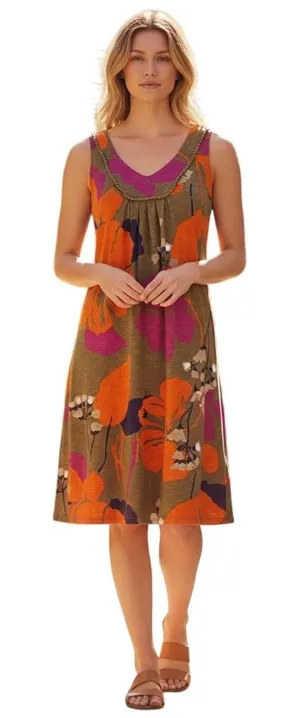 Boden Floral Shift Dress‎ 6L Green Orange V-Neck Crochet Trim Cotton Excellent thumbnail 1