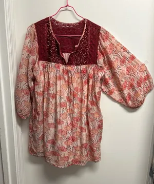 Floral Silk Blend Peasant Blouse with Lace Detail thumbnail 1