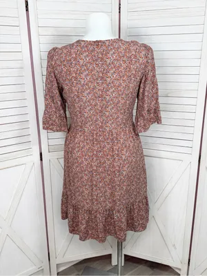 Loft Ditsy Floral Print Tiered‎ Babydoll Dress Rust Orange 12 Boho Cottagecore thumbnail 4