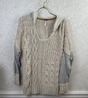 Free People Gray and Cream Mixed-Media Cable Knit Hoodie - Size - XS thumbnail 1