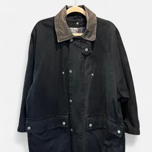 Vintage 90s Black Cotton Maxi Barn Jacket Leather Collar Oversized Small thumbnail 5