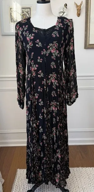 Vintage 90s Starina Feminine Witchy Boho Black Floral Maxi Dress M thumbnail 1