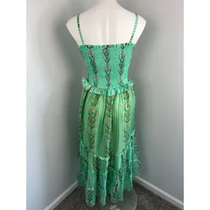 Women's Green Sheer Floral Ruched Tiered Ruffle Garden Party Whimsical Dress thumbnail 4