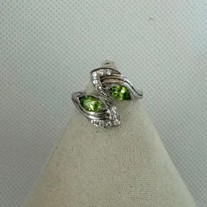 925 Sterling Silver Green Peridot Style Two Stone Bypass Ring thumbnail 3