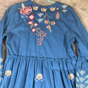 Johnny Was Bluebelle Embroidered Teal Maxi Dress S Bell Sleeve Peasant Tiered thumbnail 7