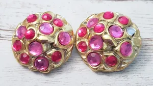 Vintage Clip On Earrings - Pink Gems & Gold Tone 1.25" - Missing Gem thumbnail 1