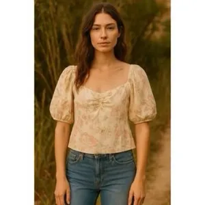 H&M vintage floral linen-blend puff sleeve top thumbnail 4
