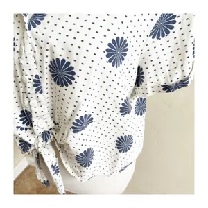Modcloth Cropped Blouse Womens XL White Floral Dot Linen Blend Tie Front Beachy thumbnail 4
