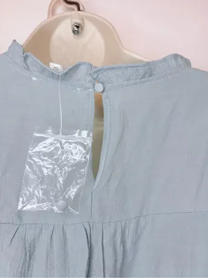 Mine Dusty Blue Lace Trim Blouse Short Sleeve Ruffle Neck Boho Women’s M thumbnail 14