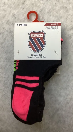 K-Swiss Womens 6 Pair No Show Foot Liner Socks Black Neon Silicone Tab KSSKL0174 thumbnail 1