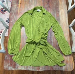 ⁠Princess Polly Olive Chartreuse Slinky Wrap Shirt Dress Collar Long Sleeve US 2 thumbnail 1