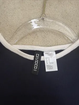 H&M Divided Navy Blue & White Trim Short Sleeve Fitted Crew Neck T-shirt Medium thumbnail 3