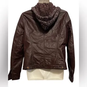 JouJou Juniors Jacket Vegan Faux Leather Knit Hood Motorcycle Jacket Size L thumbnail 2