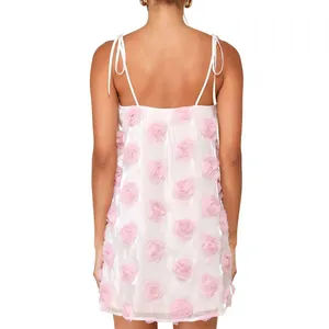 Lulus Size Medium Pink 3D Floral Rosette Mini‎ Dress Cream Tie Strap Babydoll thumbnail 2