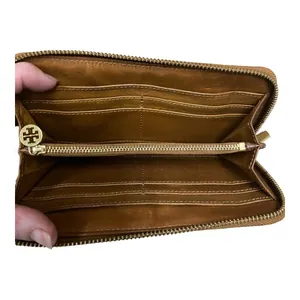 Tory Burch Continental Wallet Briwn Leather Zip Around Gold Logo Designer thumbnail 7