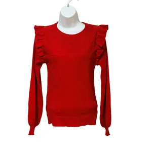 Shop The Mint Red Ruffle Shoulder Ribbed Knit Balloon Sleeve‎ Sweater Medium thumbnail 2