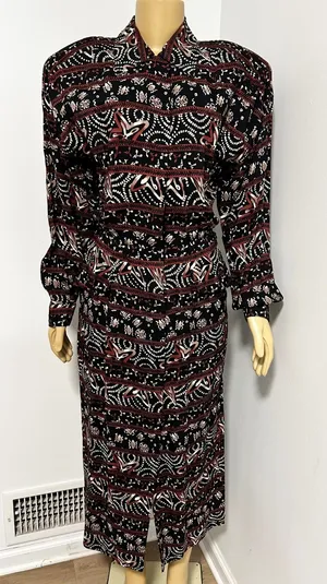 Vintage Maggy London Black Burgundy Geometric Floral Rayon Midi Dress Size 10 thumbnail 1