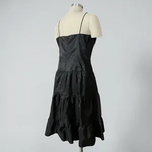 Niki By Niki Livas Vintage 80s Black Spaghetti Strap Crinkle Taffeta Tiered A Line Dress thumbnail 10