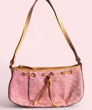 Dooney & Bourke Vintage Y2K Pink Monogram Shoulder Hand Bag Purse Tassel Baguette Preppy Canvas Leather #2000s #Feminine #Girly #Dainty #Fairy luxury designer thumbnail 1