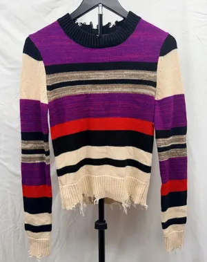 Lovers + Friends Destroyed Chunky Striped Knit Distressed Wool Cashmere Sweater thumbnail 1