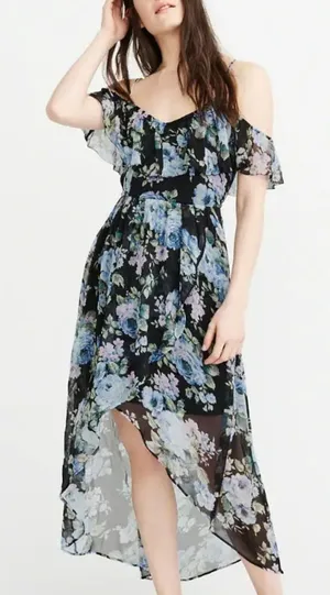 Abercrombie & Fitch S Floral High-Low Off-Shoulder Dress Blue Cottagecore Summer thumbnail 1