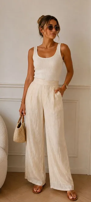 Women’s XXL Ivory Sheer Wide Leg Pants High Rise Pull On Beach Cover Up Linen thumbnail 1