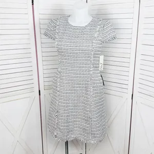 Eliza J Spring Tweed Fringe Hem Fit‎ Flare Dress White Pink Black Size 12 thumbnail 2