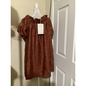 Sézane Editions Metallic Copper Off Shoulder Puff Sleeve Dress Rust Orange EU 38 thumbnail 5