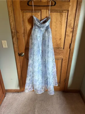 Lulu's Pastel periwinkle Floral Strapless Chiffon Maxi wedding guest Dress small thumbnail 2