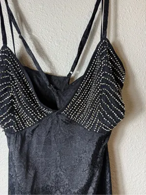 Free People Dress People Beaded Slip Mini Dress Black‎ Open Back Jacquard Size L thumbnail 5