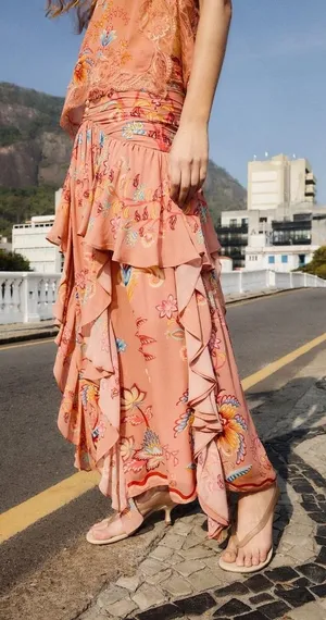 NWT Farm Rio‎ Mocha Boho Floral Ruched Ruffled Flowy Full Maxi Skirt Size S Boho thumbnail 1
