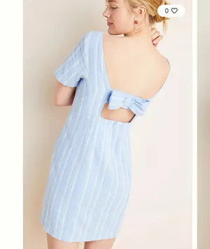 Anthropologie Bow Detail Cape May Linen Cotton Blue Stripe Mini Dress Size 8 thumbnail 2