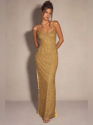 Vintage 90s Sean Collection Silk Beaded Evening Gown – Gold – L thumbnail 3
