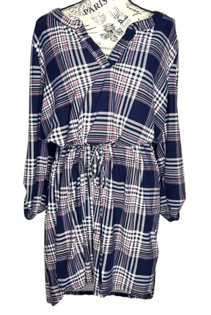 Bobbie Brooks Plus Size (1X) Roll Tab Sleeve Elastic Waist Tie Blouson Dress thumbnail 1