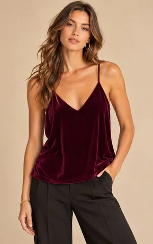 LOFT Burgundy Wine Velvet Racerback V-Neck Camisole Flowy Evening Dress Tank Top thumbnail 1