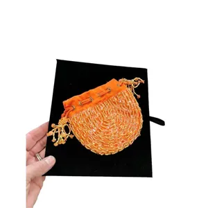 Orange beaded Indian drawstring jewelry/cosmetic pouch - beaded one side - desig thumbnail 4