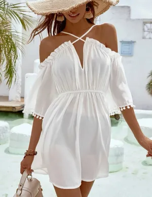 SheIn White Pom Pom Trim Cover-Up thumbnail 4